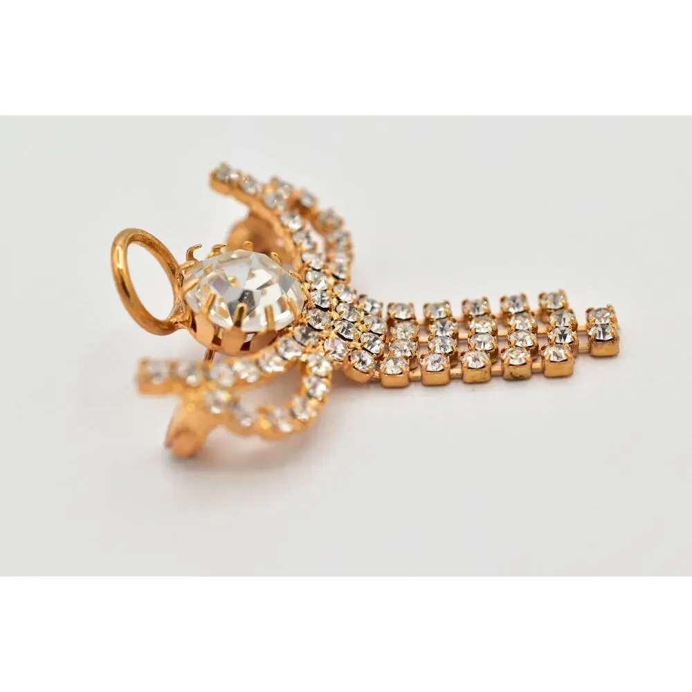 Vintage Crystal Angel Pin Brooch Prong Rhinestone Halo Gold Tone Fringe BinAL